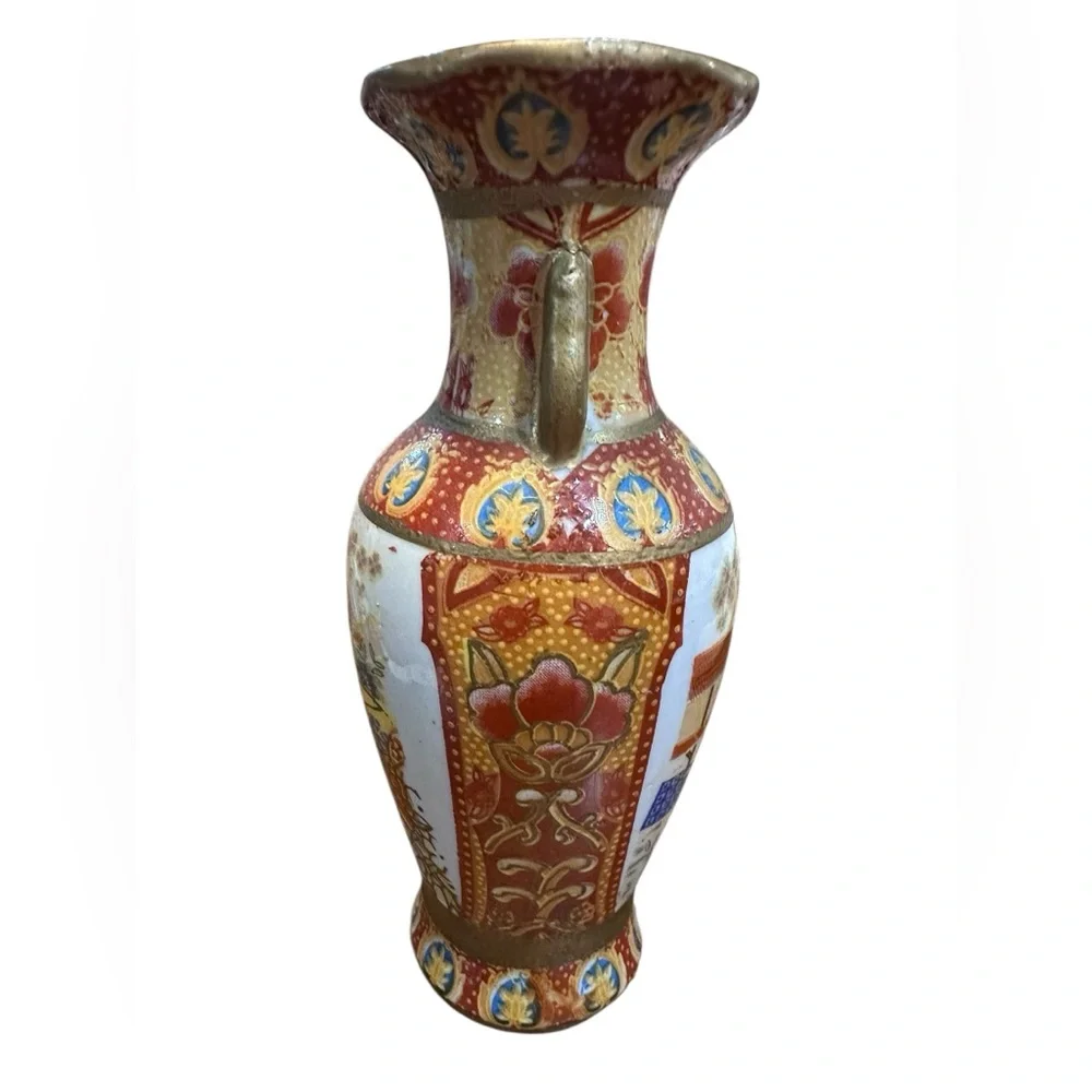 Vintage Satsuma Style Vase Made‎ in China Hand Painted Floral Village 6”